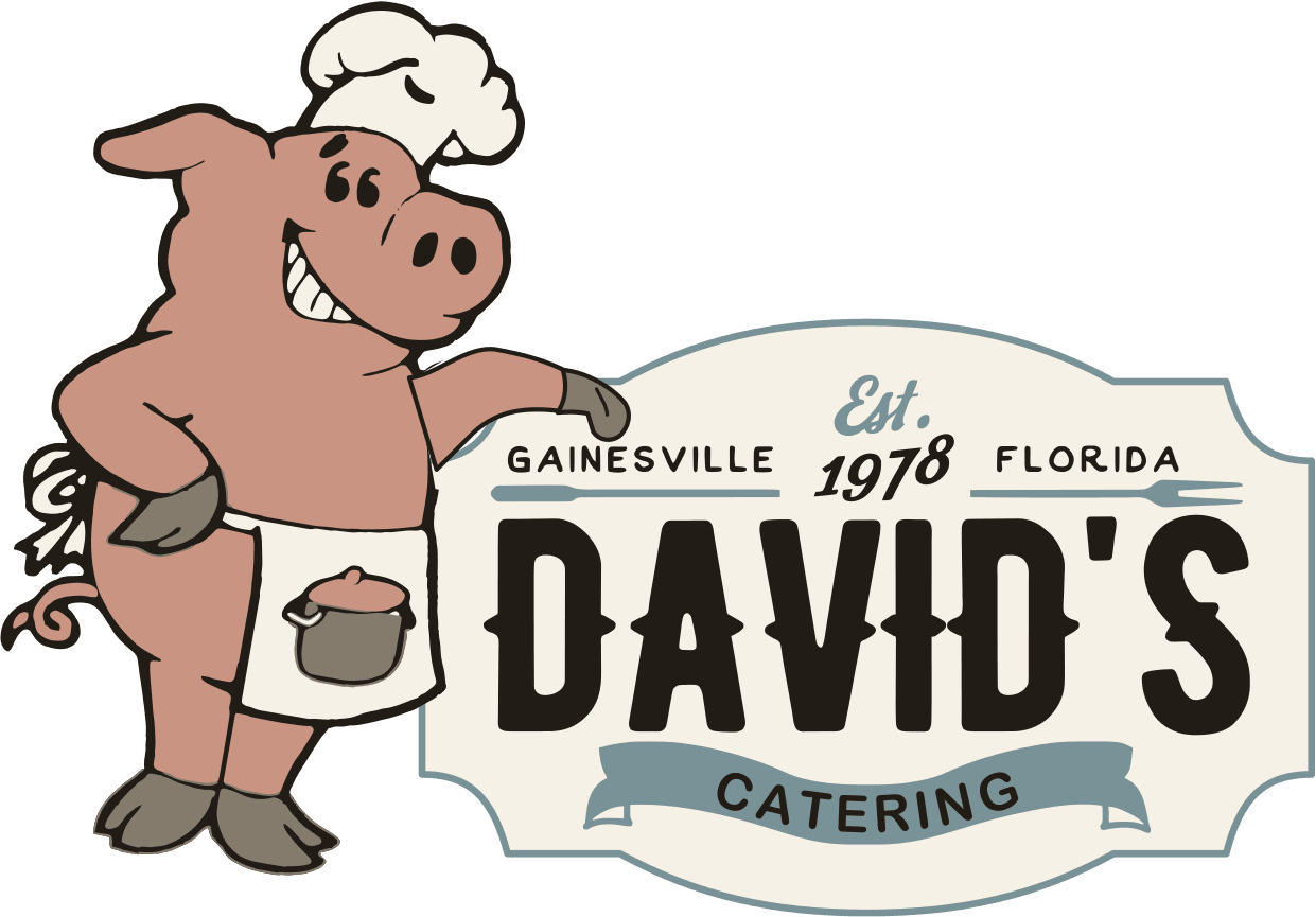 The David's chef pig leaning on the catering badge.
